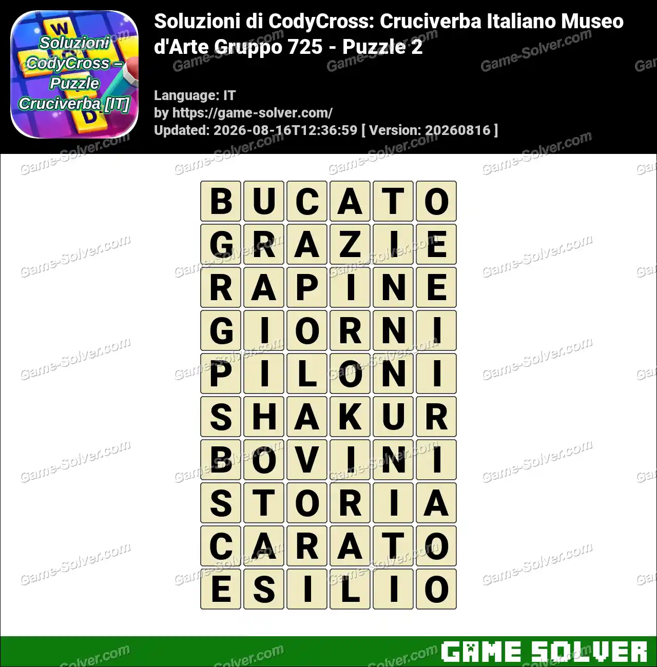 Soluzioni di CodyCross: Cruciverba Italiano Museo d’Arte Gruppo 725 – Puzzle 2